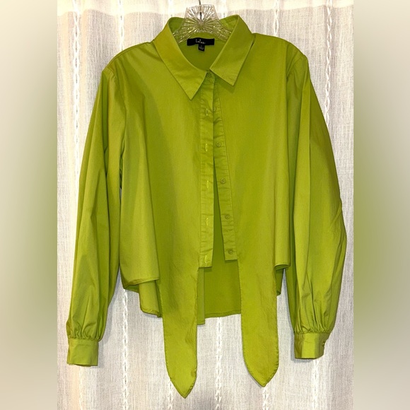 Lulus, Sunny Ties Lime Green Tie-Front Long Sleeve Button-Up Top. Sz. L - Picture 11 of 15